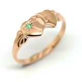Genuine 9ct Yellow, Rose or White Gold Double Heart Green Emerald Signet Ring May birthstone