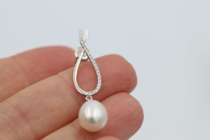 Sterling Silver 925 Freshwater Oval CZ White Pearl Ball Earrings