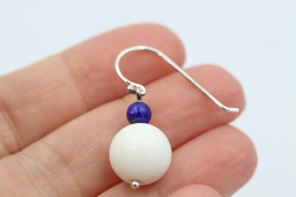 Genuine Sterling Silver Lapis / White Agate Ball Hook Earrings