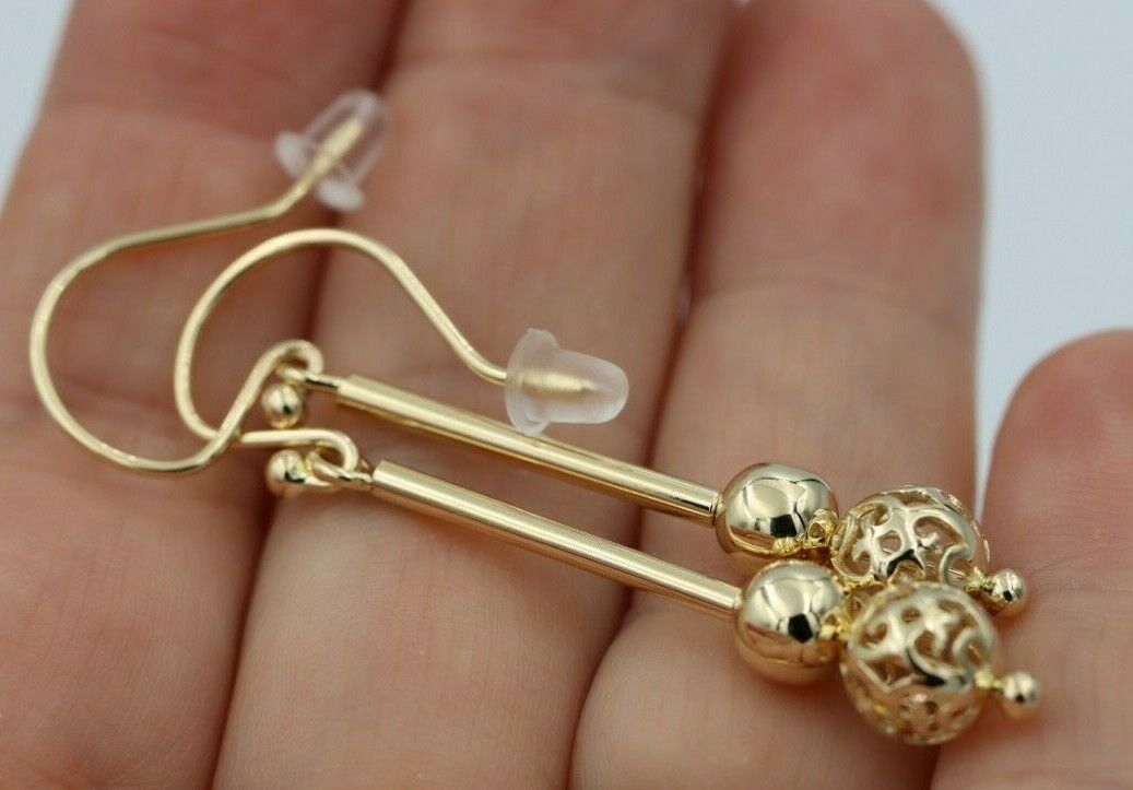 Genuine 9ct 9kt Yellow, Rose or White Gold Spinning 6mm Plain + 8mm Filigree Ball 50mm Drop Earrings