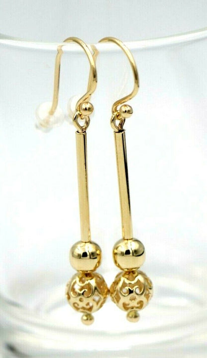 Genuine 9ct 9kt Yellow, Rose or White Gold Spinning 6mm Plain + 8mm Filigree Ball 50mm Drop Earrings