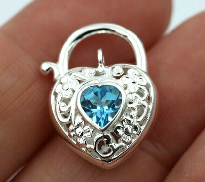 Sterling Silver Filigree Natural Blue Topaz Filigree Heart Padlock 15mm